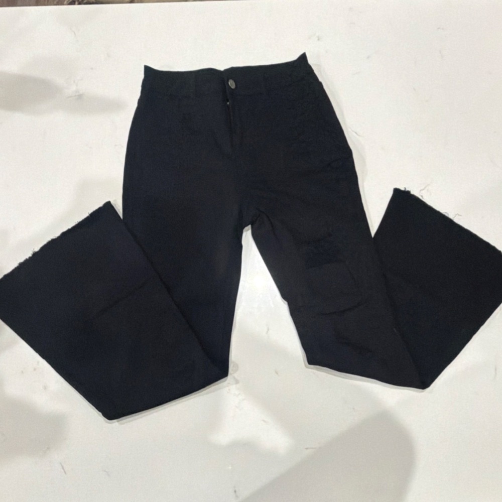 Black Flared Women's Pants Viscose Blend Button Flat Front 29in Inseam SheIn